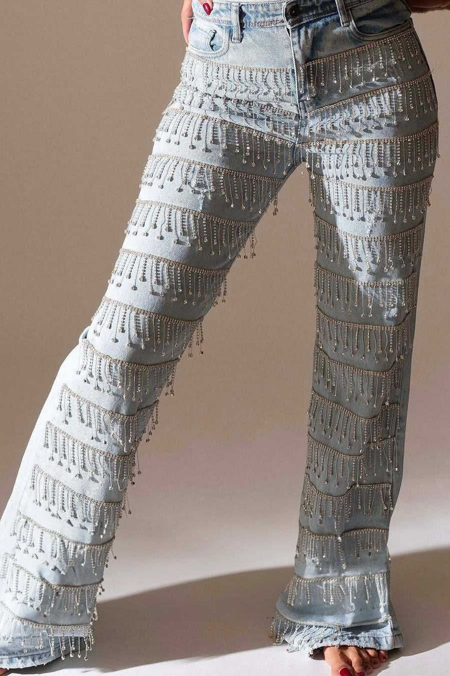 Rhinestone Tassel Straight Leg Jeans