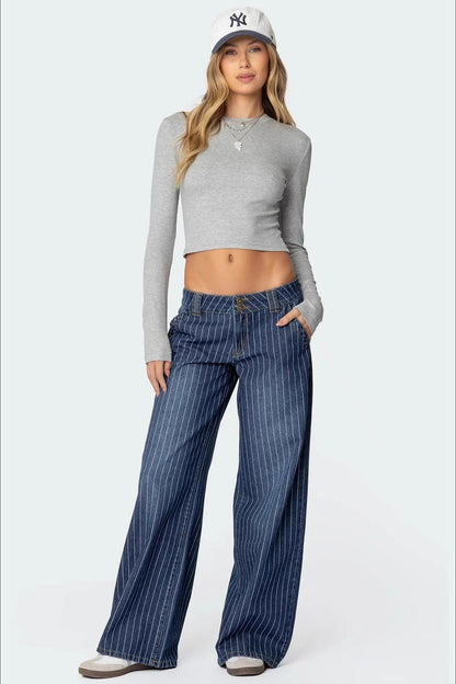 Striped Low Rise Wide Leg Jeans