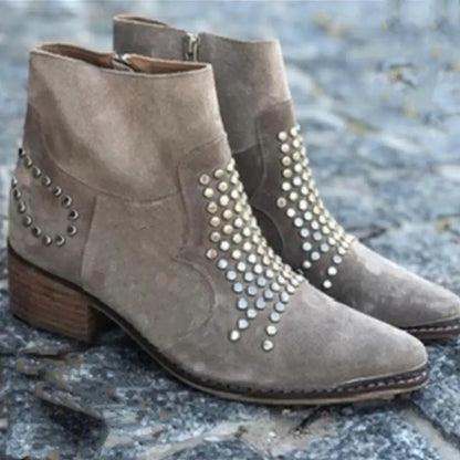 Botas Tachuelas Ante Punta Fina Tacón Grueso Mujer | Luna Cruz