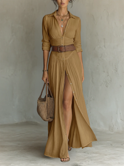 Maxi dress - long women's dress with a lapel collar and long linen sleeves