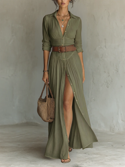 Maxi dress - long women's dress with a lapel collar and long linen sleeves