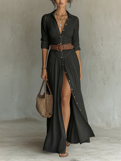 Maxi dress - long women's dress with a lapel collar and long linen sleeves