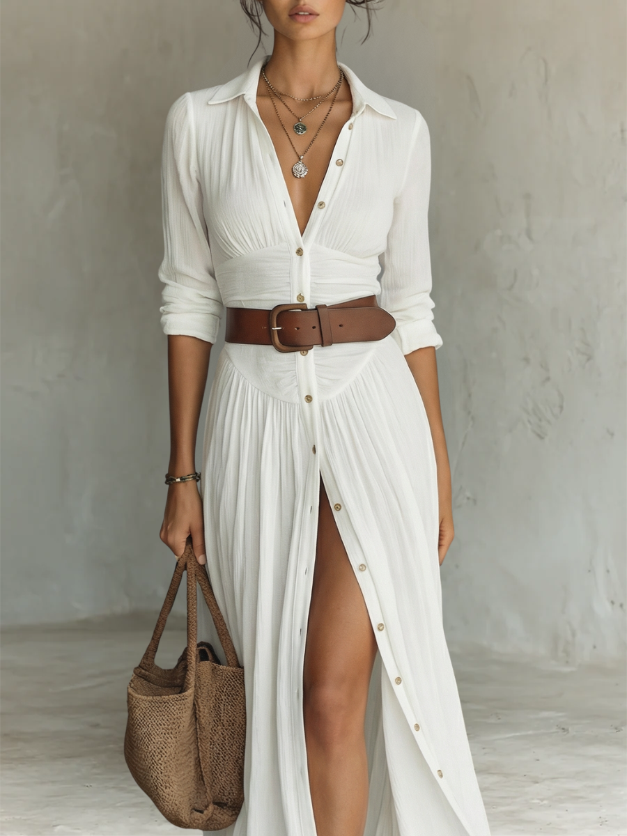 Maxi dress - long women's dress with a lapel collar and long linen sleeves