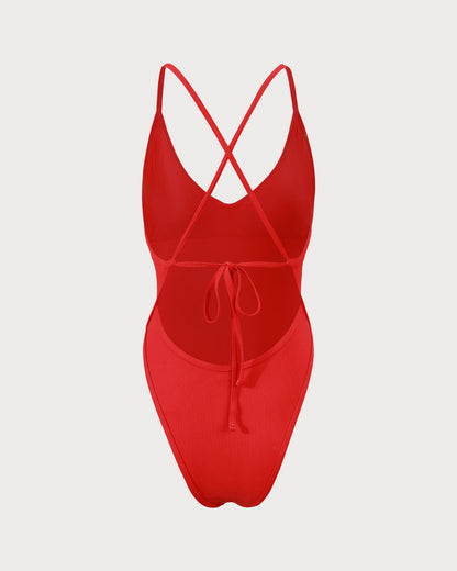 Red Cross-Back Swimsuit with Stripes