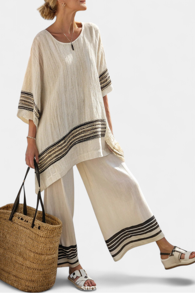 Mariella — Elegant linen top with black stripes and flowy pants