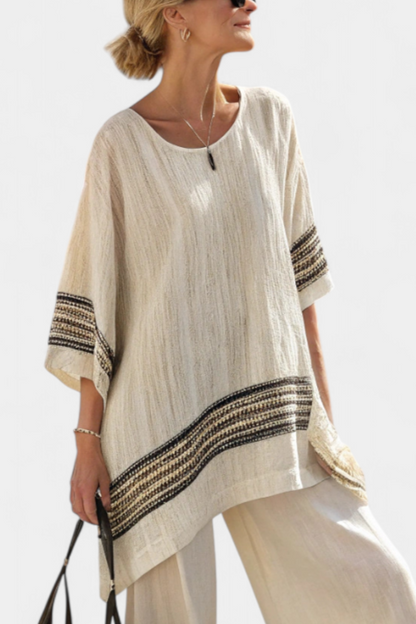 Mariella — Elegant linen top with black stripes and flowy pants