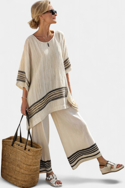 Mariella — Elegant linen top with black stripes and flowy pants