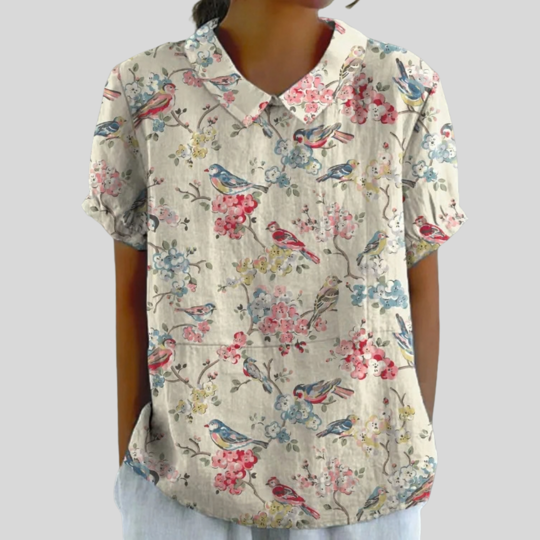 Clémence | Printed Blouse of Birds and Flowers