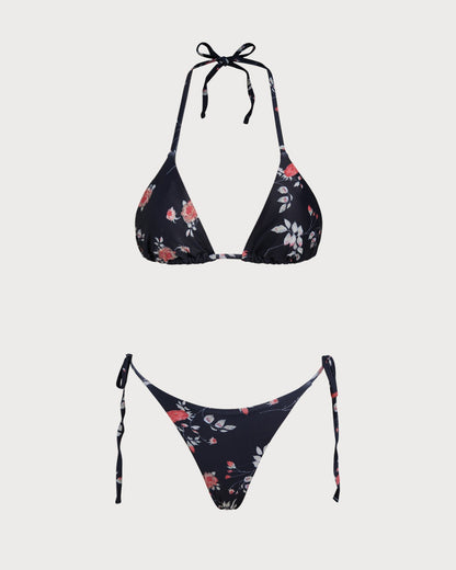 Black Floral Triangle Bikini Set