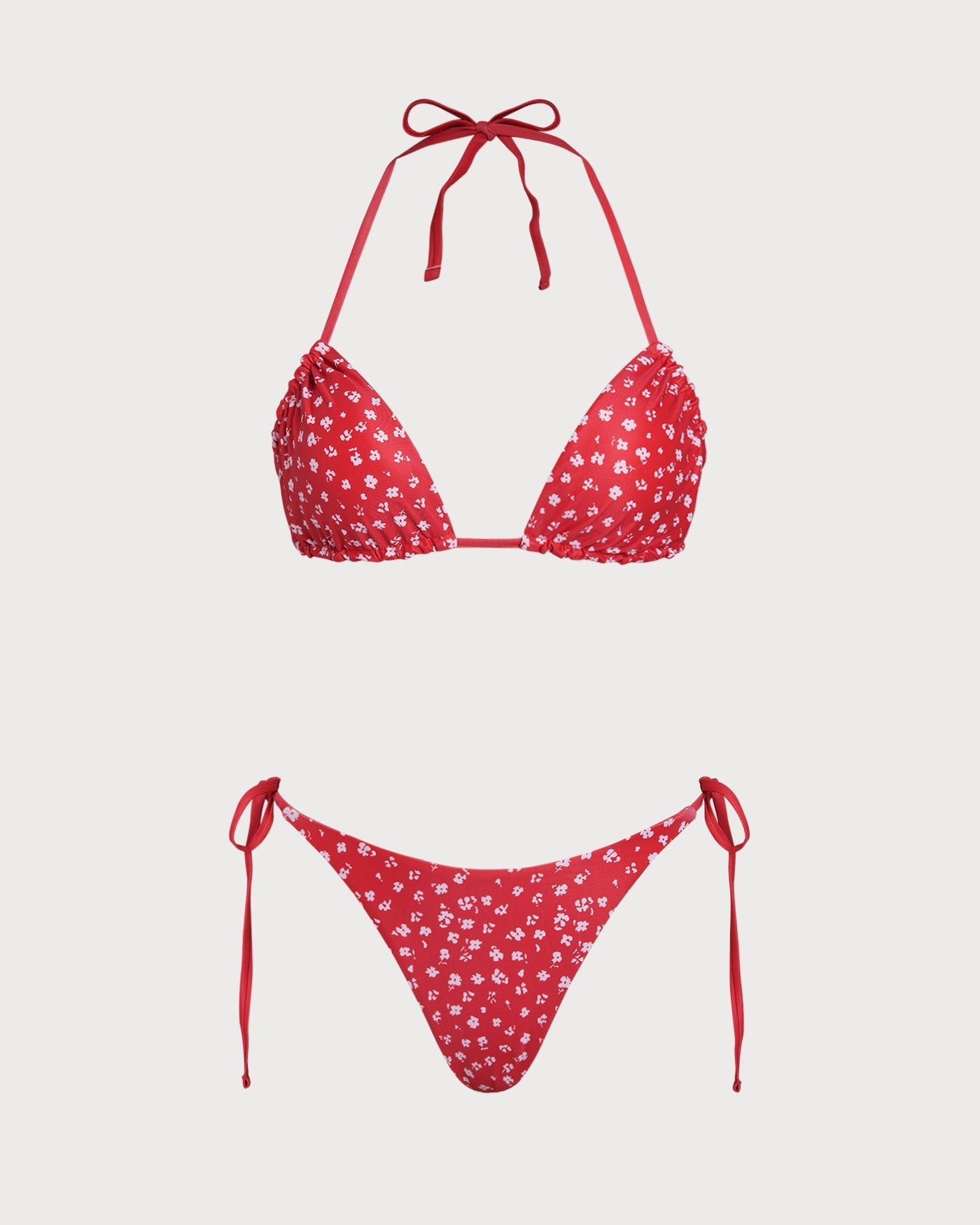 Red Floral Tie Side Triangle Bikini Set