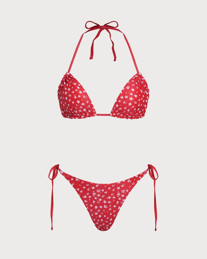 Red Floral Tie Side Triangle Bikini Set