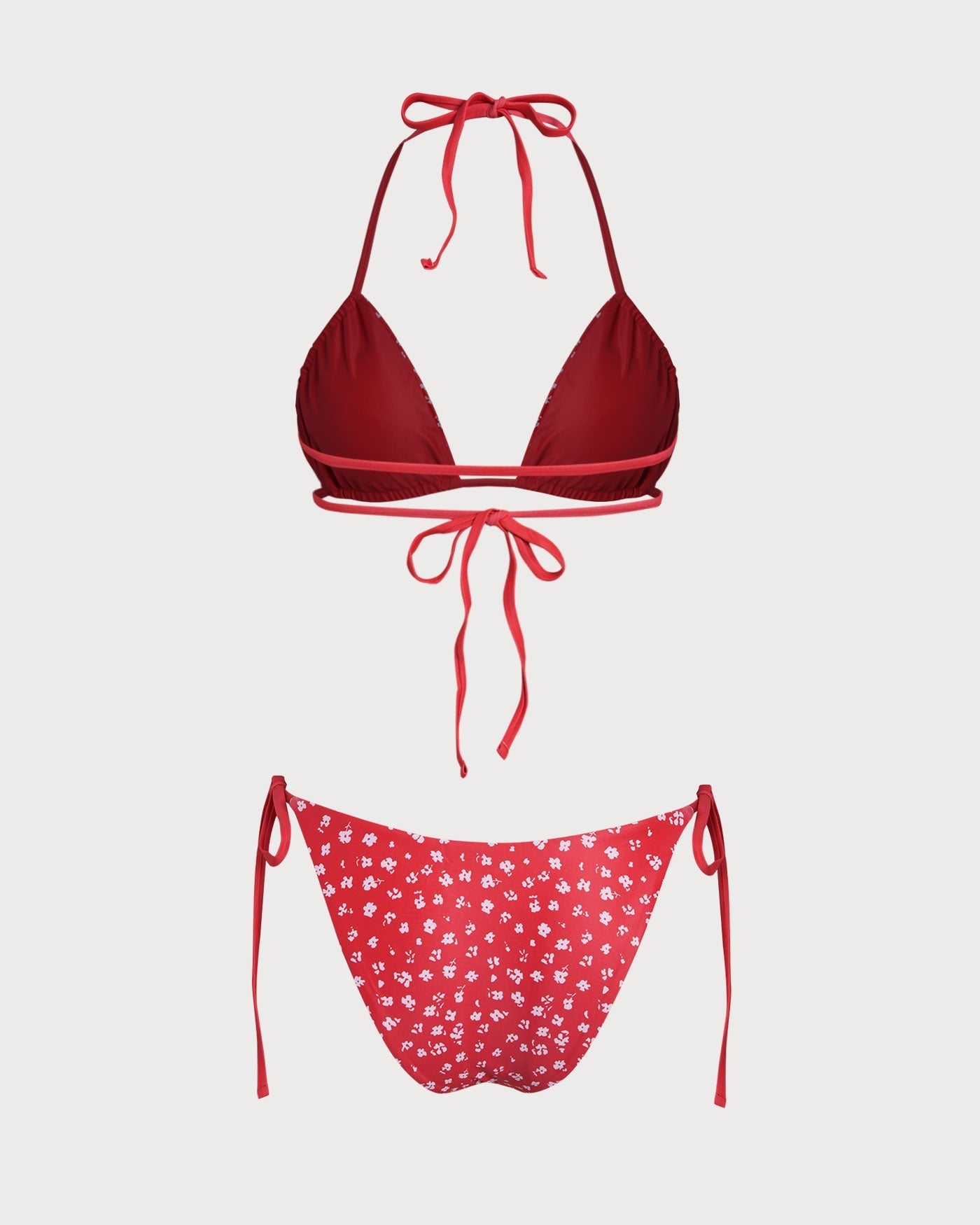 Red Floral Tie Side Triangle Bikini Set