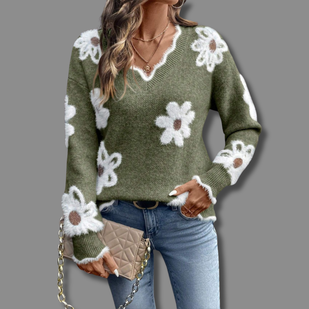 SOFIA – FLORAL KNIT V-NECK SWEATER