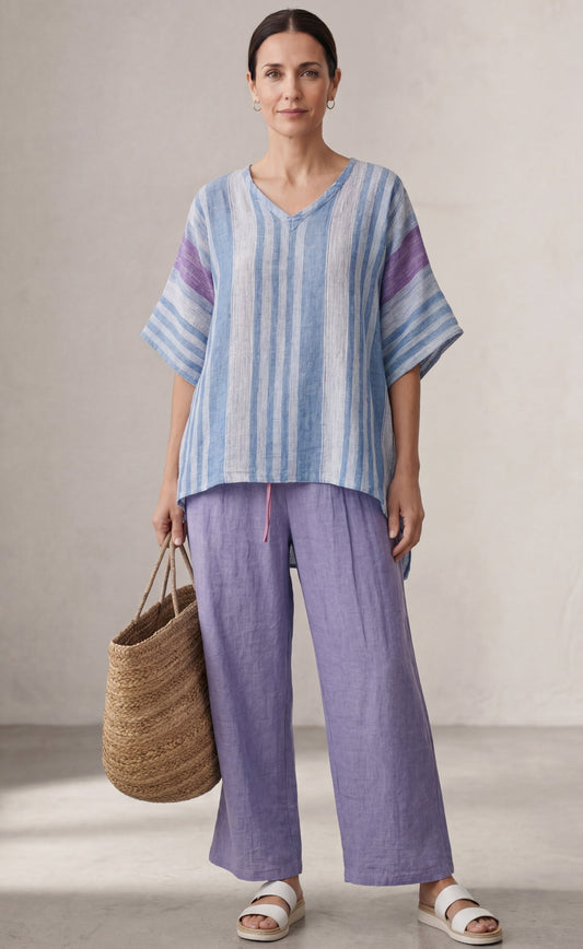 Carlotta – Elegant top in lavender and sky blue with linen pants