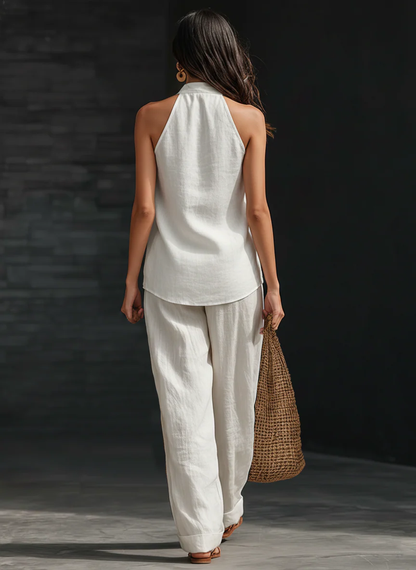Linen set with V-neck and fluid pants