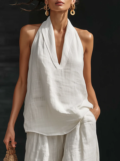 Linen set with V-neck and fluid pants