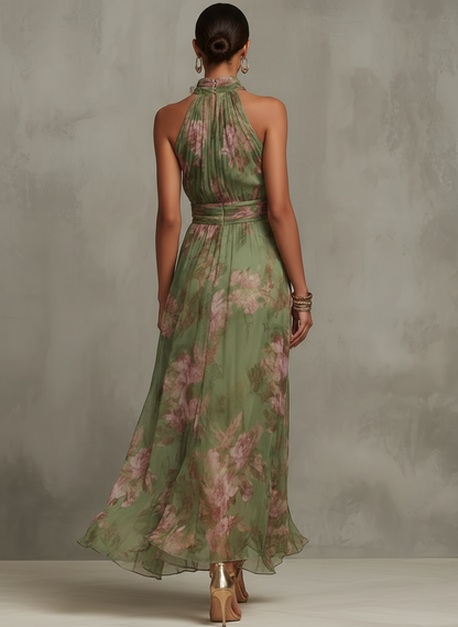 Serena ∙ Long green floral chiffon dress with halter neck