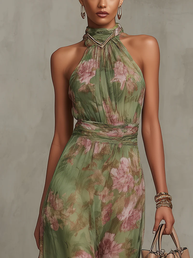 Serena ∙ Long green floral chiffon dress with halter neck
