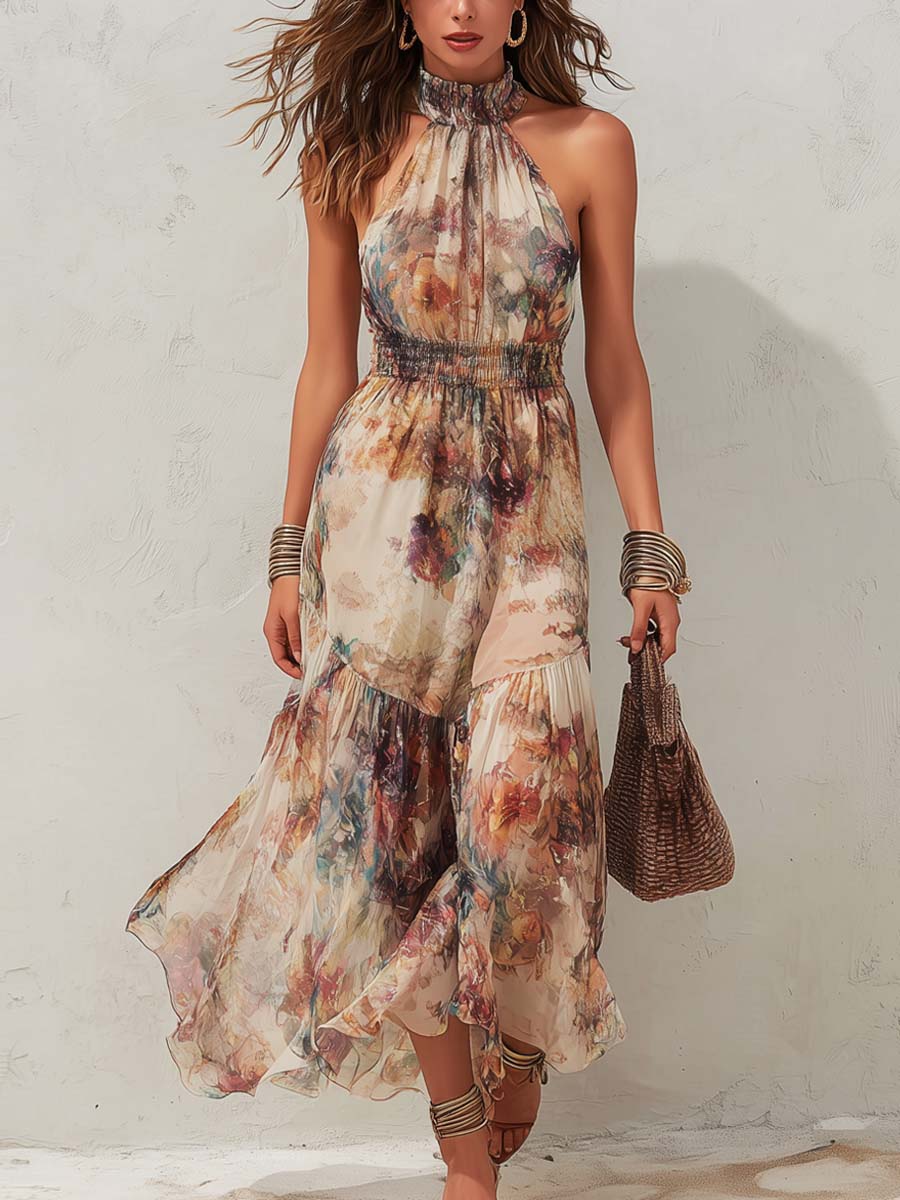 Elise | Soft Floral Halter Maxi Dress