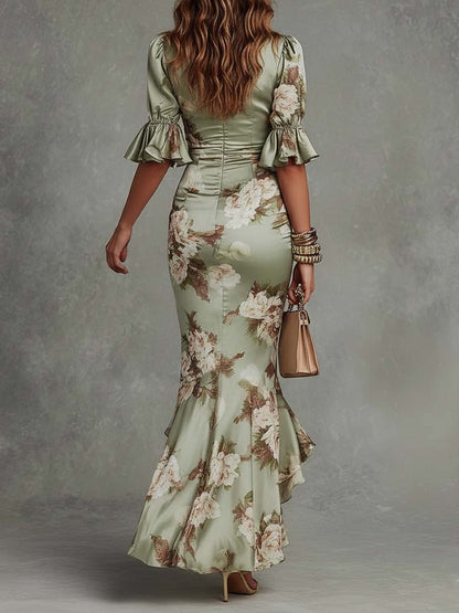 Aveline | Ruched Floral Slit Dress