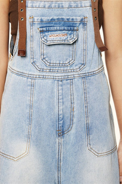 Washed Wide Leg Suspender Jeans