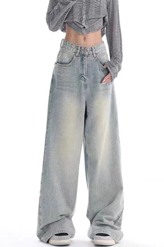 High Waist Draped Gradient Ripped Jeans