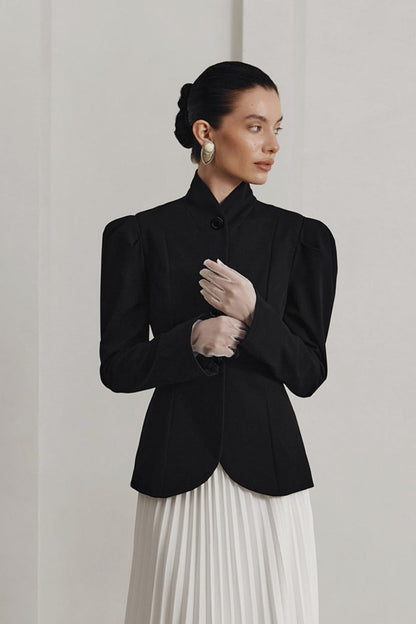 French Elegant Stand Collar Puff Sleeve Blazer