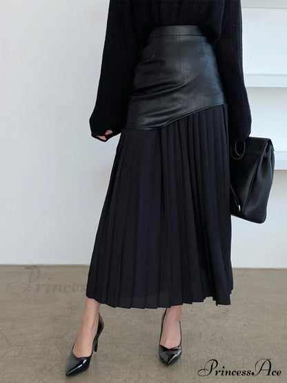 Asymmetric Patchwork Faux Leather Modern Chiffon Pleated Midi Skirt