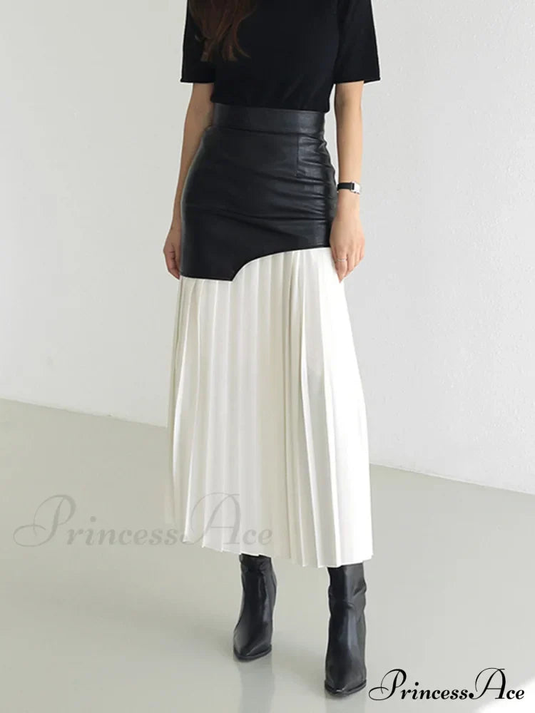 Asymmetric Patchwork Faux Leather Modern Chiffon Pleated Midi Skirt
