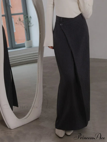 Asymmetric Slit Graceful Striped Long Skirt