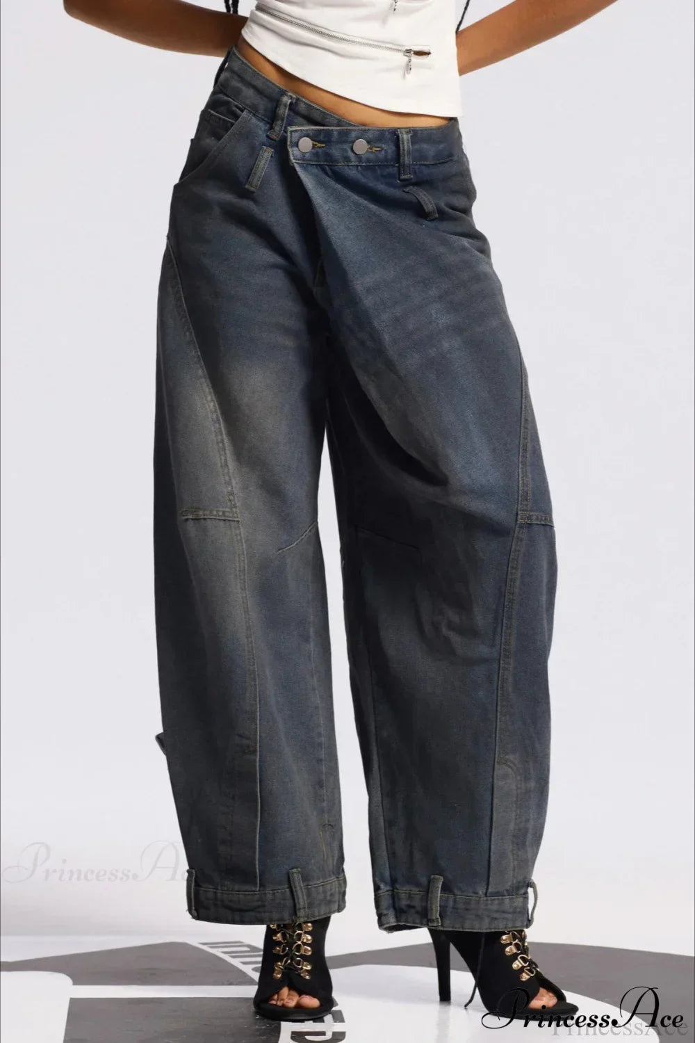 Asymmetric Waist Washed Low Waist Flare Wide Leg Jeans