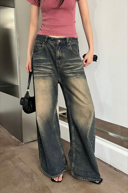 Vintage Washed Whisker Wide Leg Denim Jeans