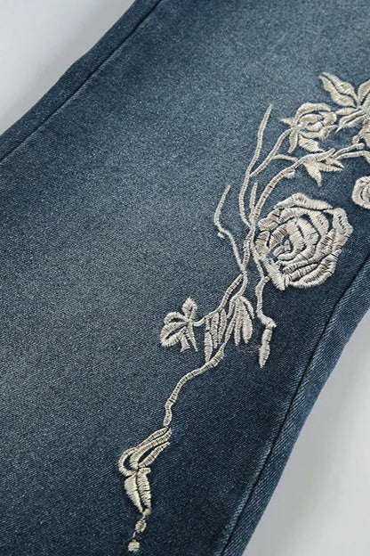 Vintage Plant Embroidered Bootcut Jeans