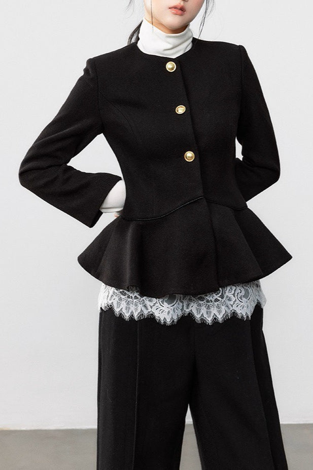Black Pleated Waist Elegant Wool Coat