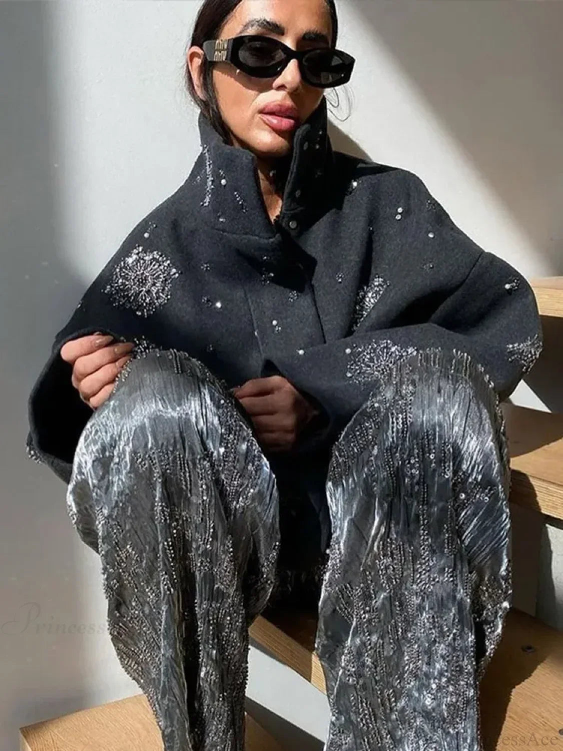Beaded Flower Sequin Stand Collar Overcoat