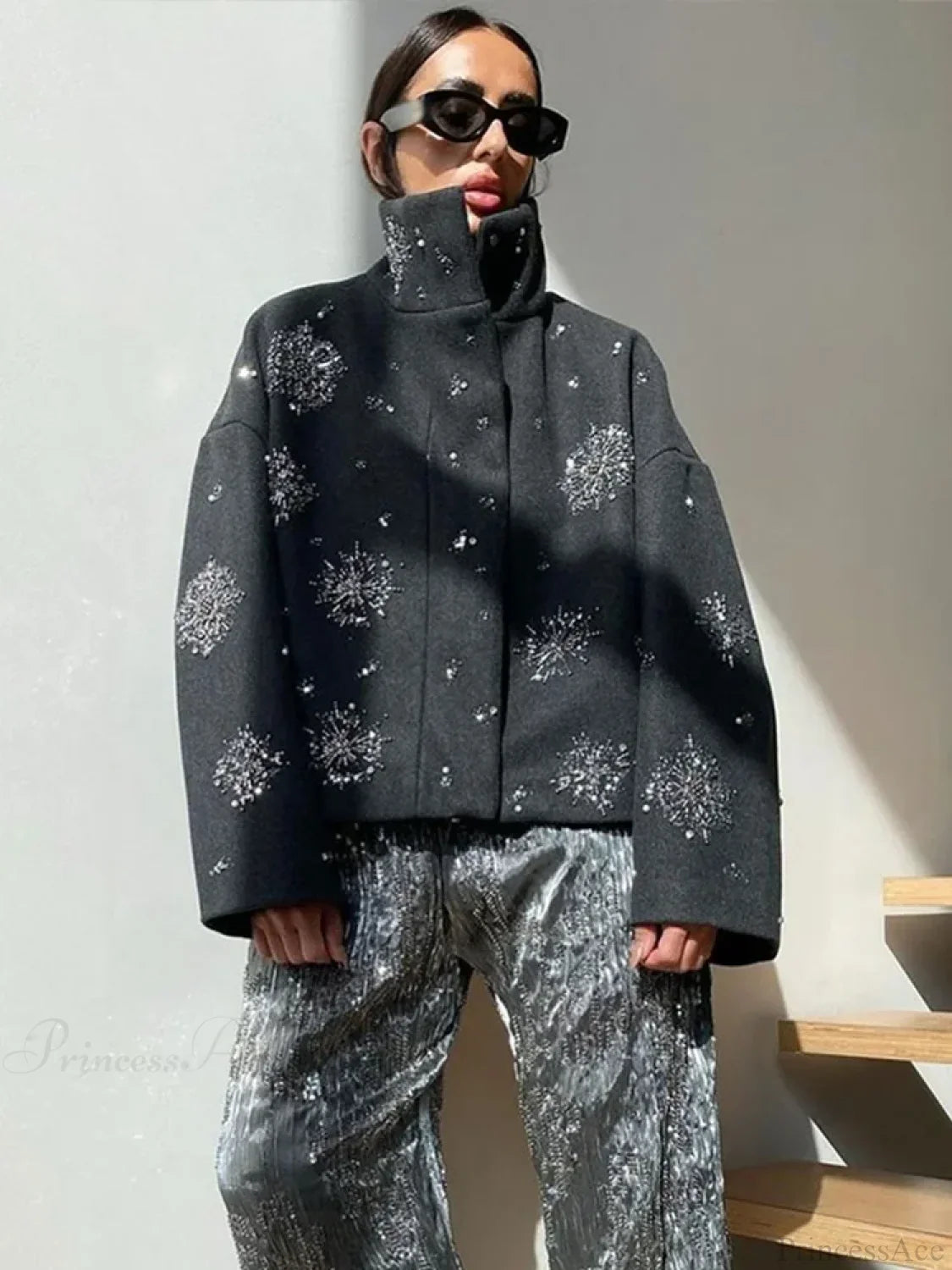 Beaded Flower Sequin Stand Collar Overcoat