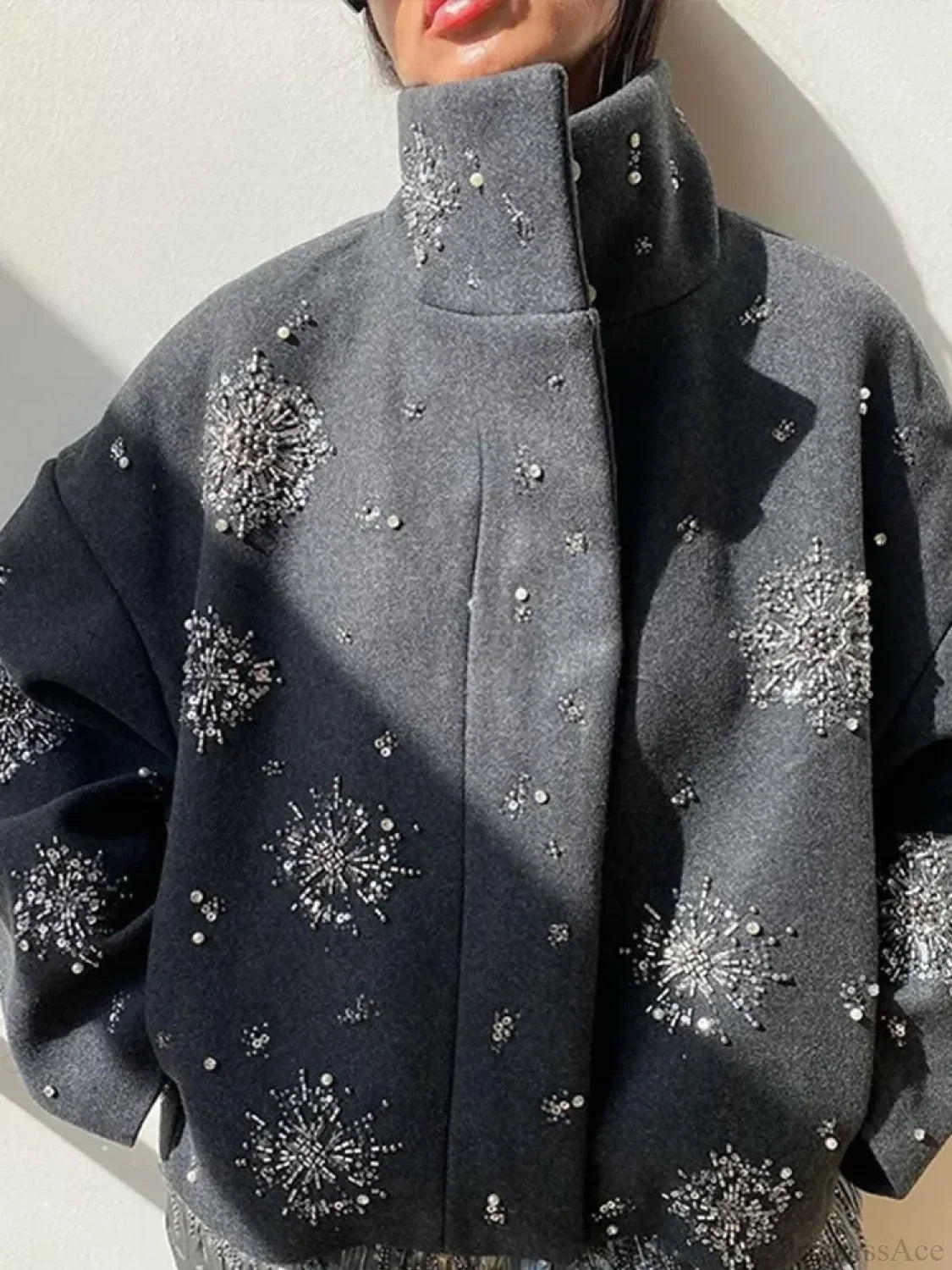 Beaded Flower Sequin Stand Collar Overcoat