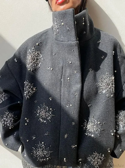 Beaded Flower Sequin Stand Collar Overcoat
