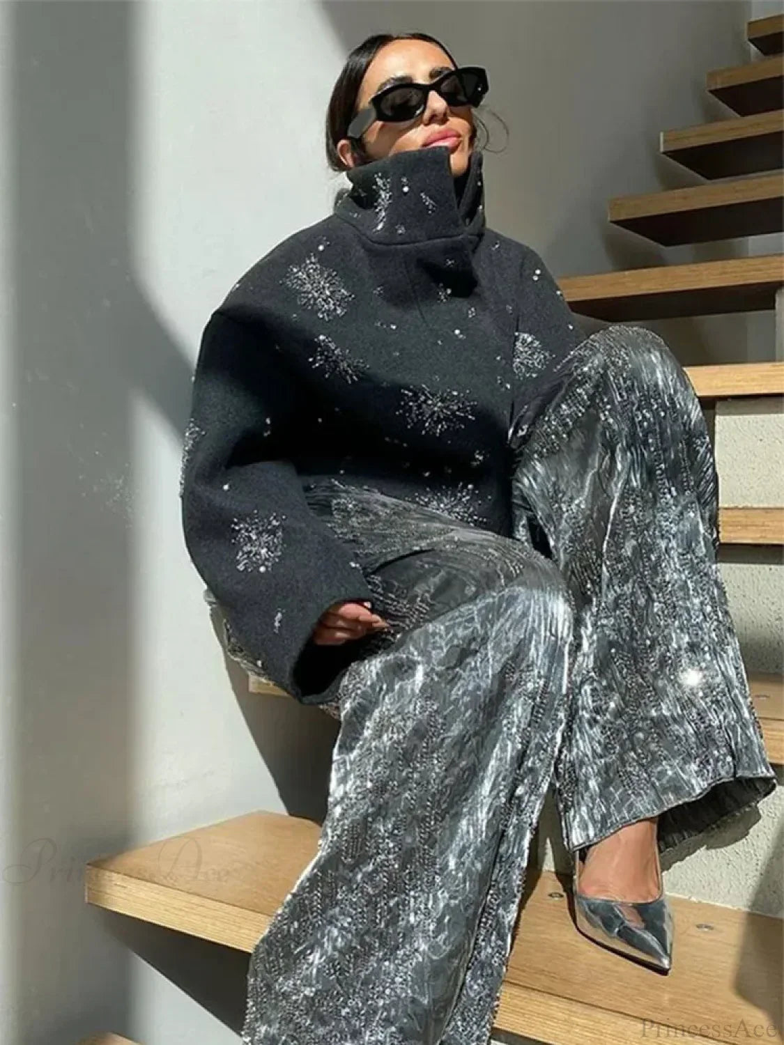 Beaded Flower Sequin Stand Collar Overcoat