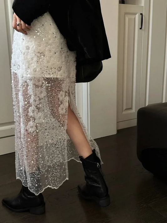 Beaded Sequin White Mesh A-Line Skirt