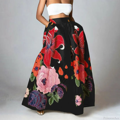 Big Flower Printed A-Line High Waist Long Maxi Skirt