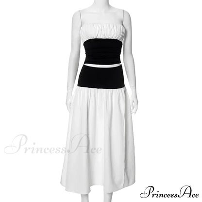 Black and White Patchwork Tube Trendy Top And Slit Long Skirt Set