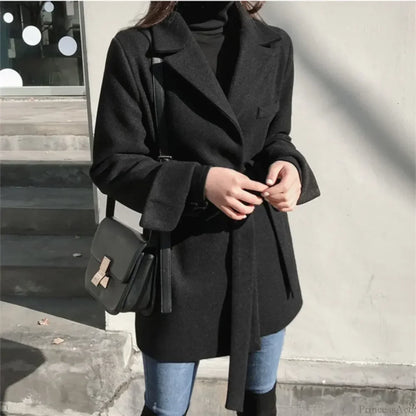 Black Blazer Wool Blend Lace-Up Overcoat
