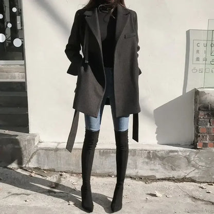 Black Blazer Wool Blend Lace-Up Overcoat