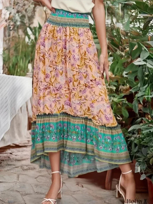 Boho High Waist Ruffled Floral Maxi Skirt Rayon Beach Femme