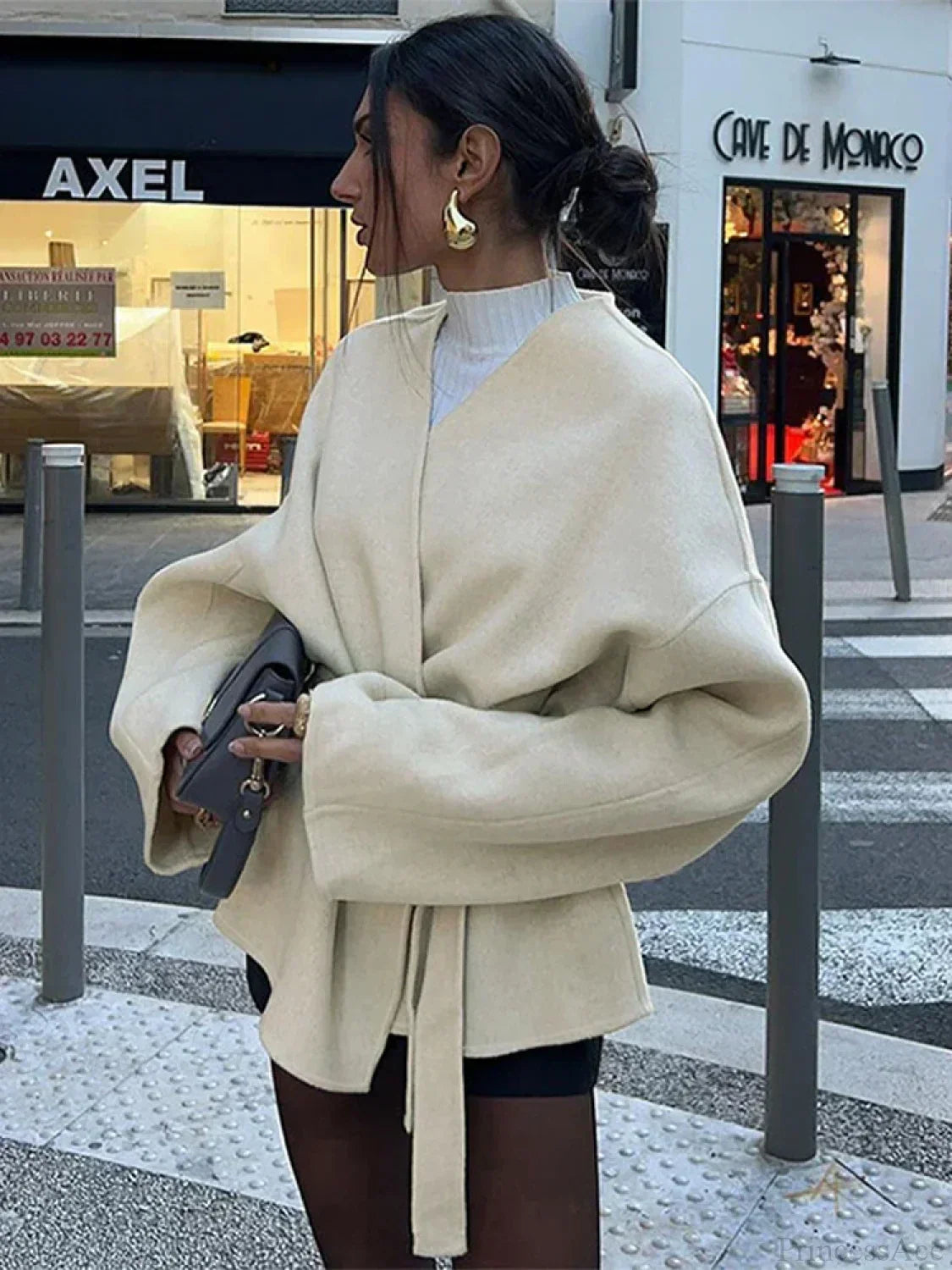 Bow Tie Lace-Up V-Neck Belted Overcoat