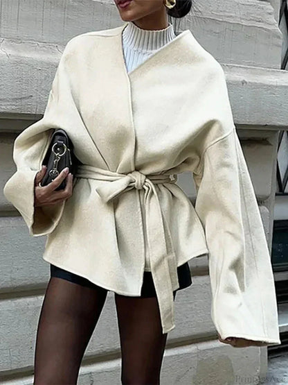 Bow Tie Lace-Up V-Neck Belted Overcoat