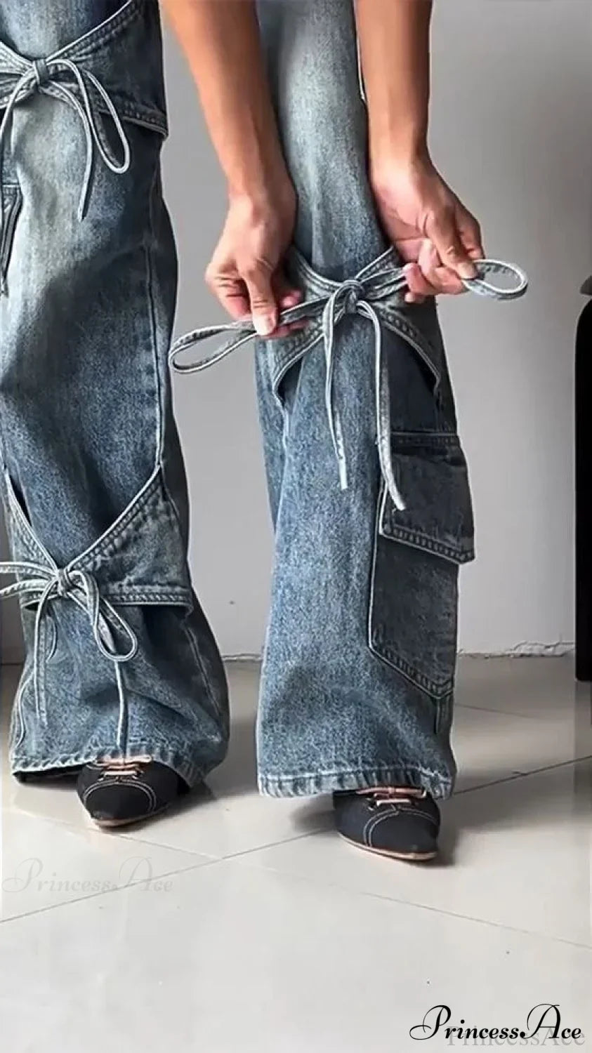Bow Tie Strap Wide Leg Jeans