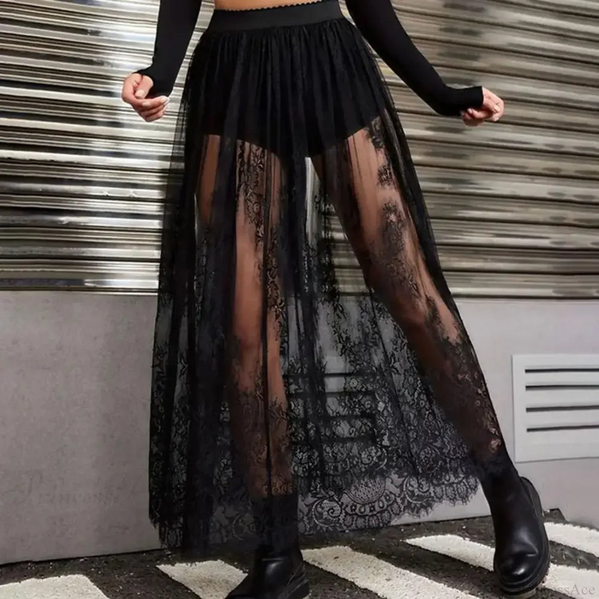 Breathable Plaid Mesh Maxi Skirt Dark Style Embroidery
