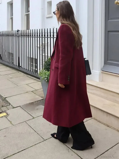 Burgundy Lapel Woolen Double-Breasted Overcoat